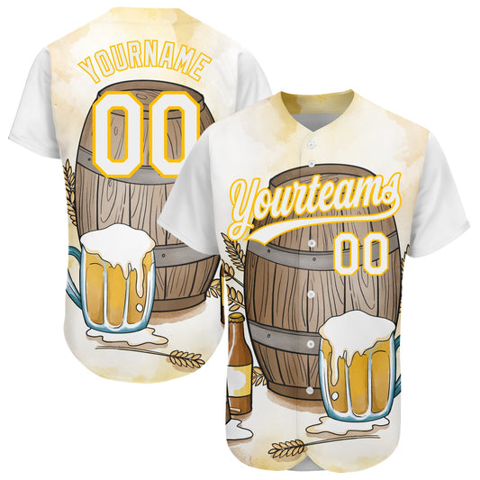 Custom White Yellow 3D Pattern Design International Beer Day Authentic Baseball Jersey - Sky-Custom