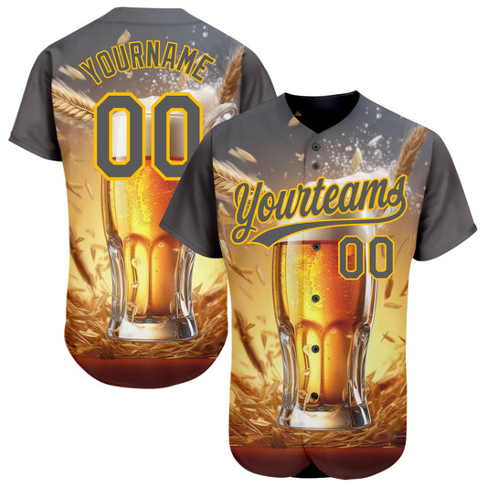 Custom Steel Gray Yellow 3D Pattern Design International Beer Day Authentic Baseball Jersey - Sky-Custom