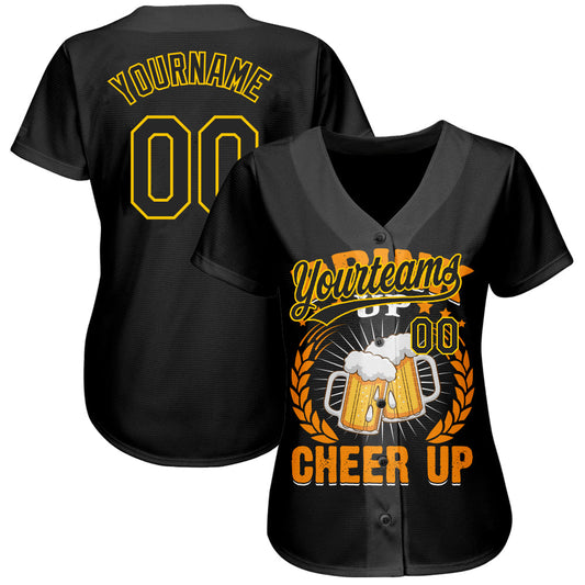 Custom Black Yellow 3D Pattern Design International Beer Day Authentic Baseball Jersey - Sky-Custom