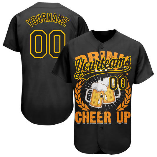 Custom Black Yellow 3D Pattern Design International Beer Day Authentic Baseball Jersey - Sky-Custom