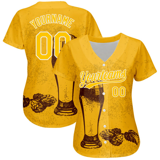 Custom Yellow White 3D Pattern Design Beer Festival Authentic Baseball Jersey - Sky-Custom