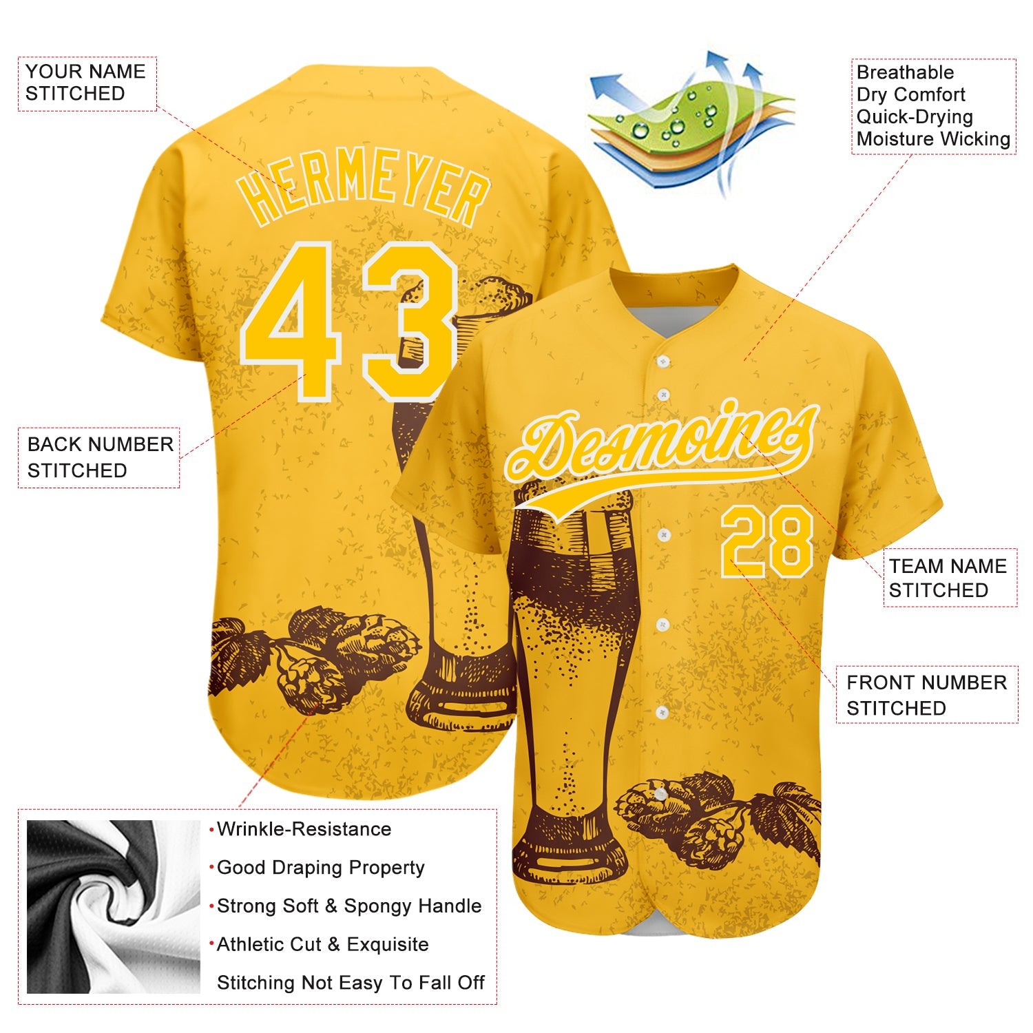 Custom Yellow White 3D Pattern Design Beer Festival Authentic Baseball Jersey - Sky-Custom