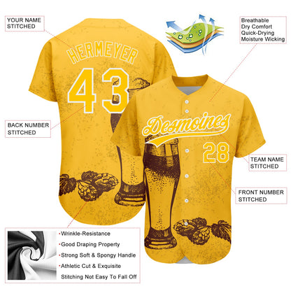 Custom Yellow White 3D Pattern Design Beer Festival Authentic Baseball Jersey - Sky-Custom