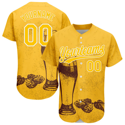 Custom Yellow White 3D Pattern Design Beer Festival Authentic Baseball Jersey - Sky-Custom