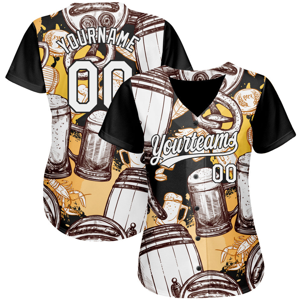 Custom White Black 3D Pattern Design Beer Festival Authentic Baseball Jersey - Sky-Custom