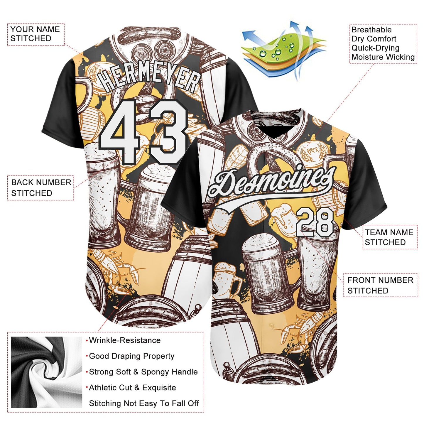 Custom White Black 3D Pattern Design Beer Festival Authentic Baseball Jersey - Sky-Custom