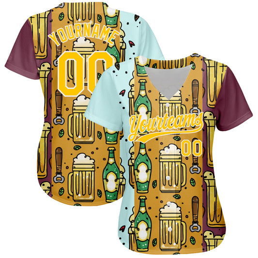 Custom Yellow White 3D Pattern Design Beer Festival Authentic Baseball Jersey - Sky-Custom