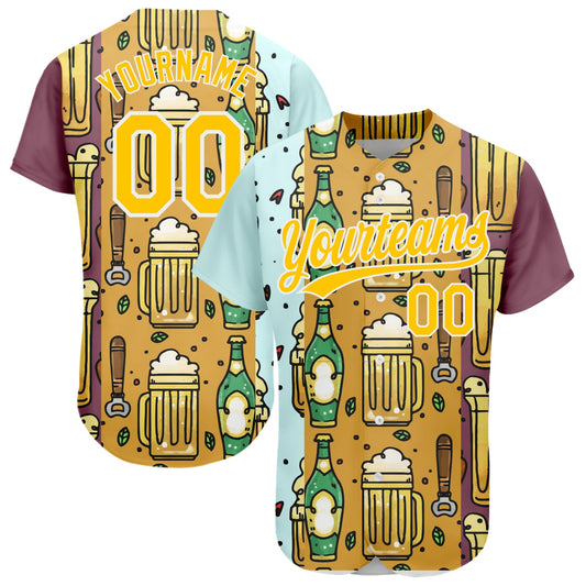 Custom Yellow White 3D Pattern Design Beer Festival Authentic Baseball Jersey - Sky-Custom