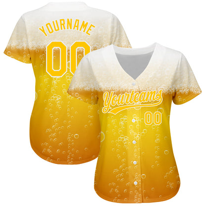 Custom Yellow White 3D Pattern Design Beer Authentic Baseball Jersey - Sky-Custom