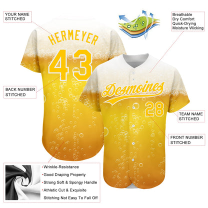 Custom Yellow White 3D Pattern Design Beer Authentic Baseball Jersey - Sky-Custom