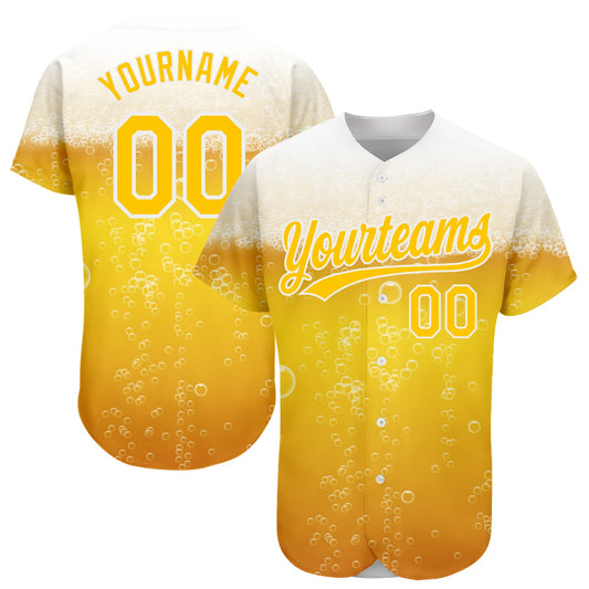 Custom Yellow White 3D Pattern Design Beer Authentic Baseball Jersey - Sky-Custom