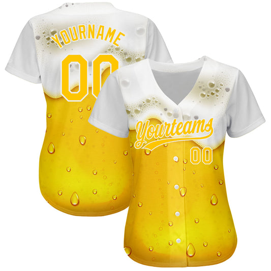 Custom Yellow White 3D Pattern Design Beer Authentic Baseball Jersey - Sky-Custom