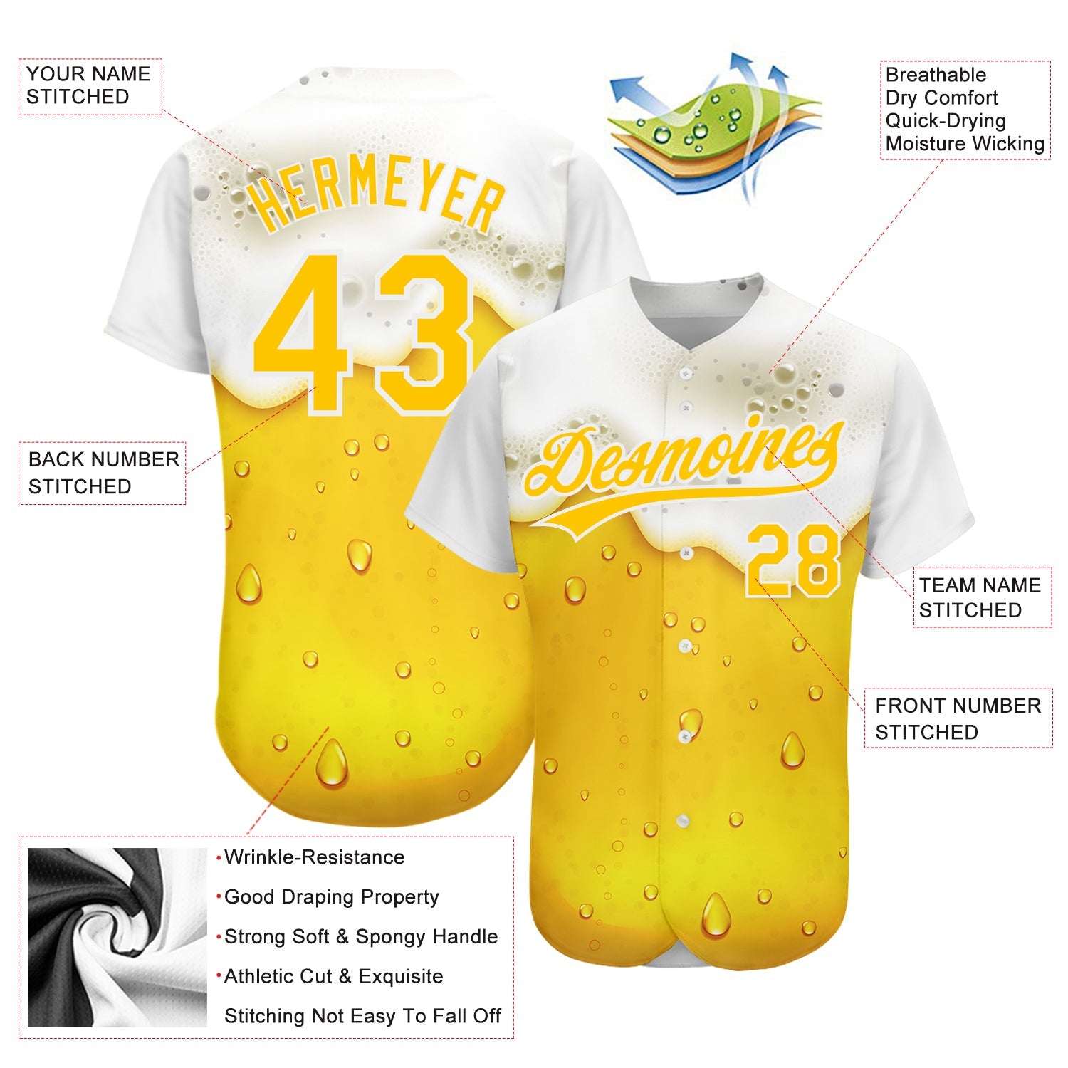 Custom Yellow White 3D Pattern Design Beer Authentic Baseball Jersey - Sky-Custom