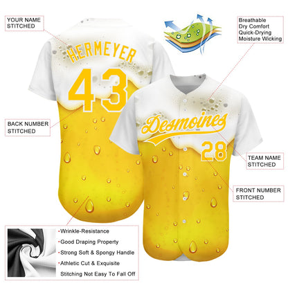 Custom Yellow White 3D Pattern Design Beer Authentic Baseball Jersey - Sky-Custom