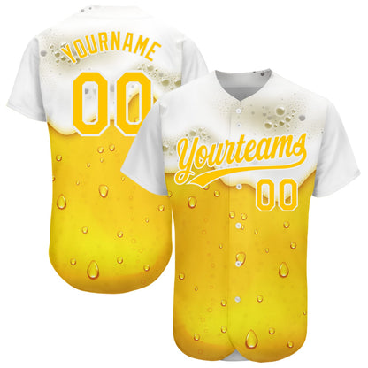 Custom Yellow White 3D Pattern Design Beer Authentic Baseball Jersey - Sky-Custom