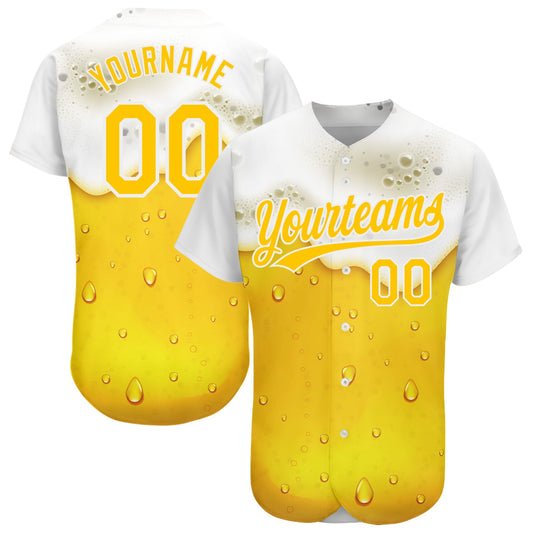 Custom Yellow White 3D Pattern Design Beer Authentic Baseball Jersey - Sky-Custom