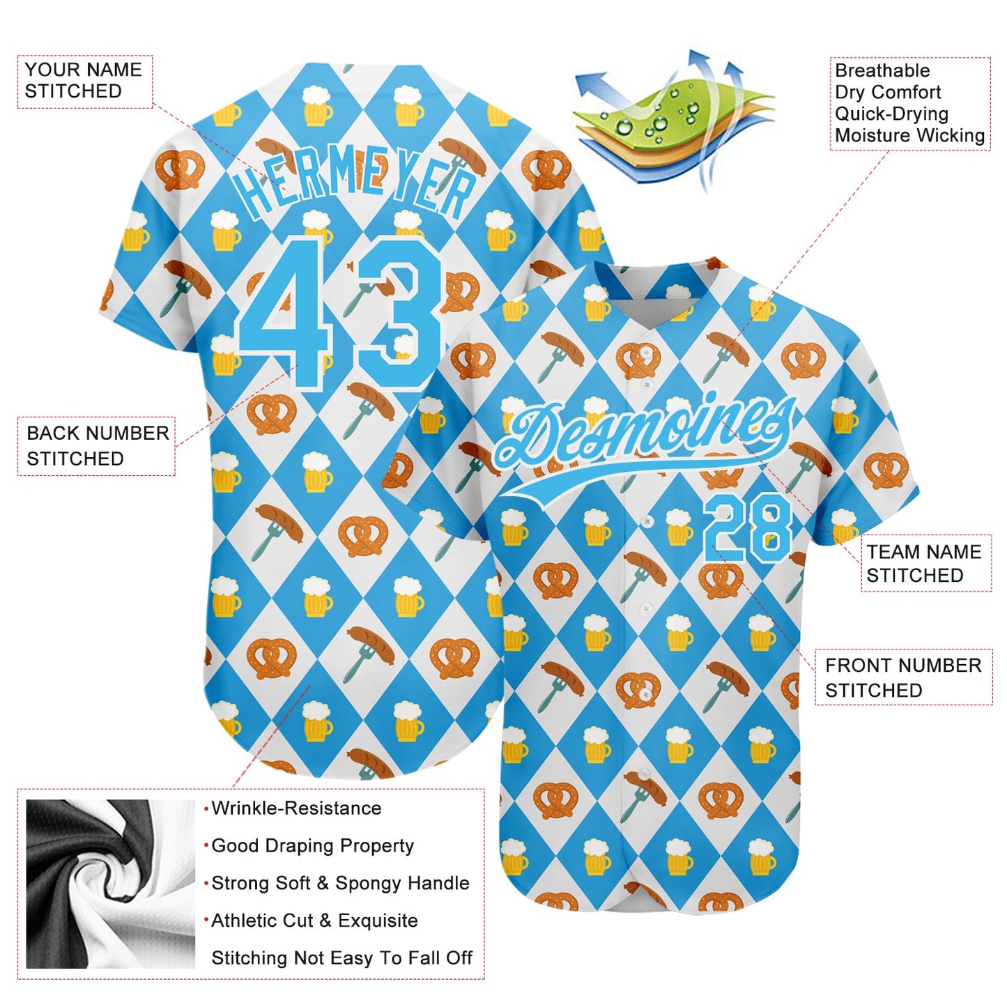 Custom White Sky Blue 3D Pattern Design Beer Festival Authentic Baseball Jersey - Sky-Custom