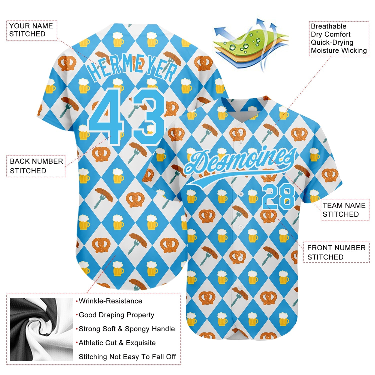 Custom White Sky Blue 3D Pattern Design Beer Festival Authentic Baseball Jersey - Sky-Custom