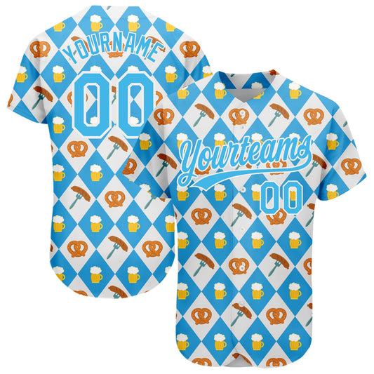 Custom White Sky Blue 3D Pattern Design Beer Festival Authentic Baseball Jersey - Sky-Custom