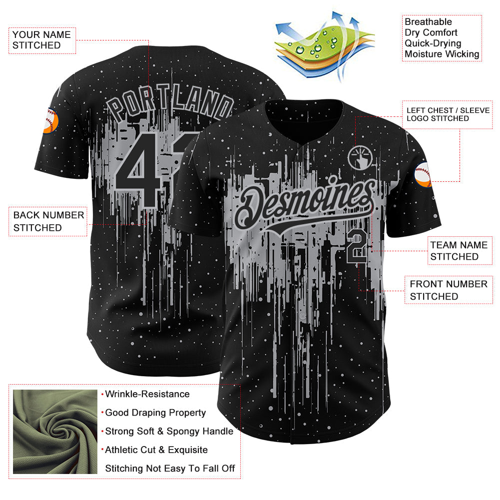 Custom Black Gray 3D Pattern Design Dripping Splatter Art Authentic Baseball Jersey - Sky-Custom