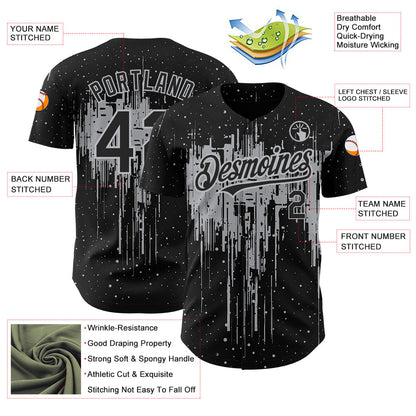 Custom Black Gray 3D Pattern Design Dripping Splatter Art Authentic Baseball Jersey - Sky-Custom