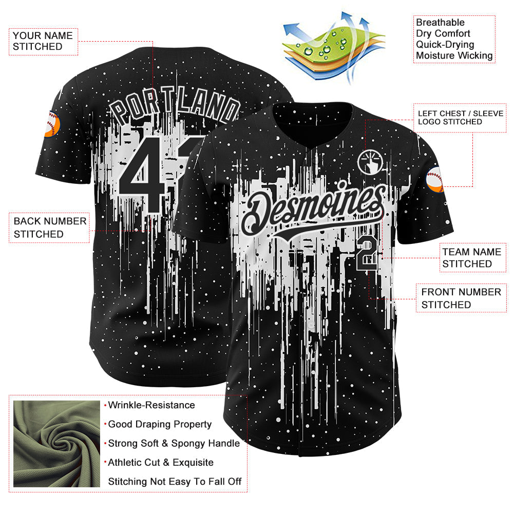 Custom Black White 3D Pattern Design Dripping Splatter Art Authentic Baseball Jersey - Sky-Custom