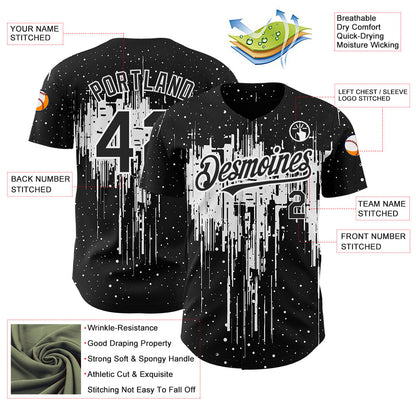 Custom Black White 3D Pattern Design Dripping Splatter Art Authentic Baseball Jersey - Sky-Custom