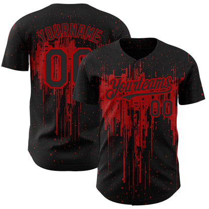 Custom Black Red 3D Pattern Design Dripping Splatter Art Authentic Baseball Jersey - Sky-Custom