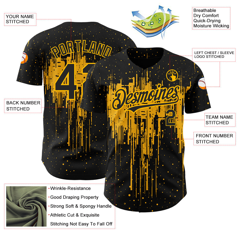 Custom Black Gold 3D Pattern Design Dripping Splatter Art Authentic Baseball Jersey - Sky-Custom