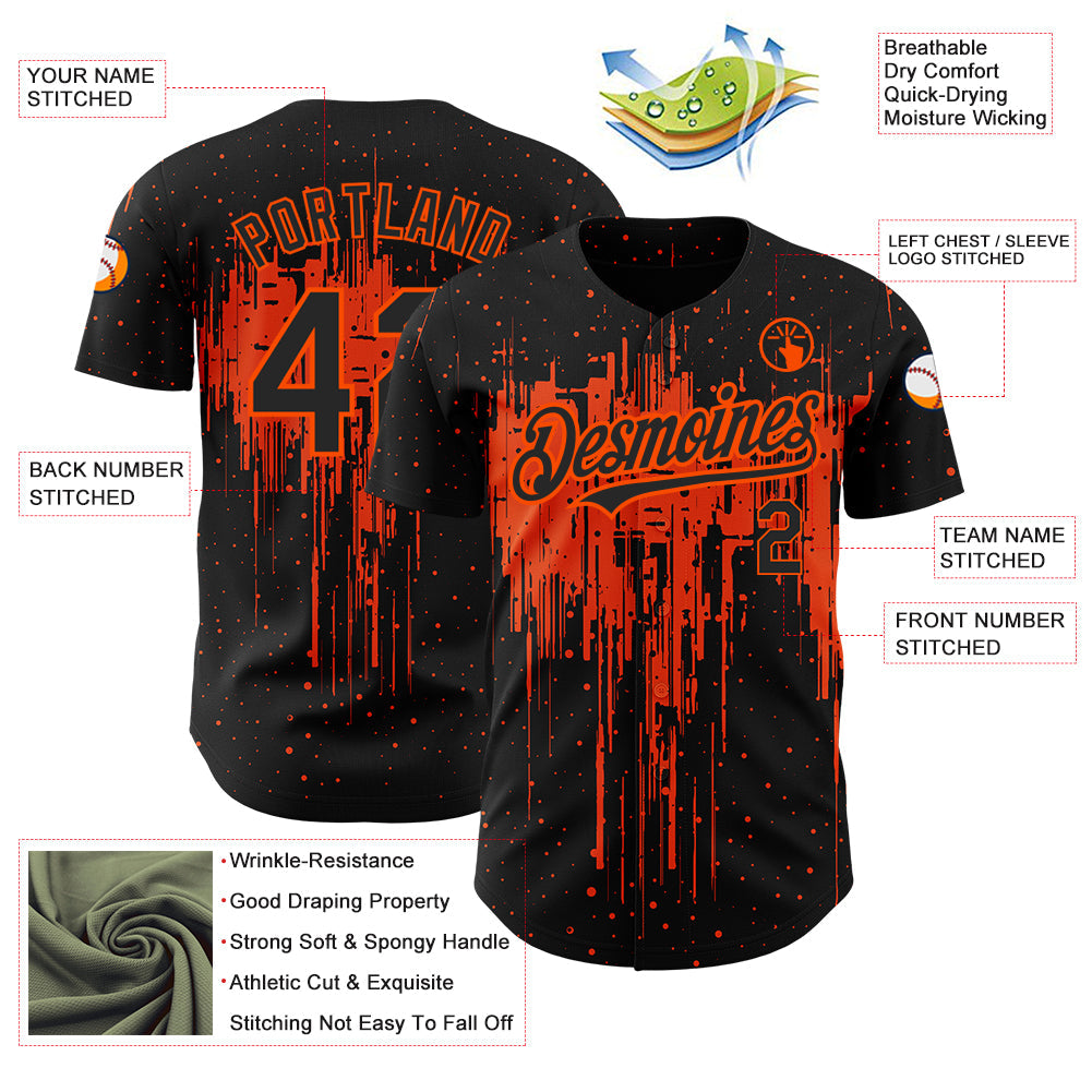 Custom Black Orange 3D Pattern Design Dripping Splatter Art Authentic Baseball Jersey - Sky-Custom
