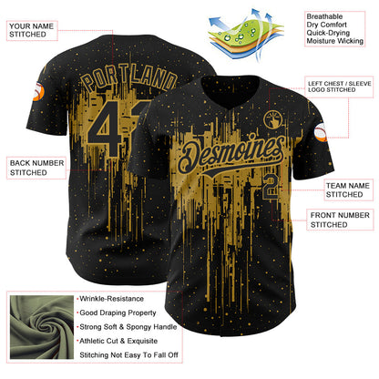 Custom Black Old Gold 3D Pattern Design Dripping Splatter Art Authentic Baseball Jersey - Sky-Custom