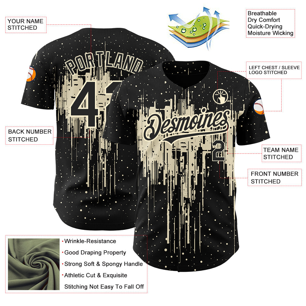 Custom Black Cream 3D Pattern Design Dripping Splatter Art Authentic Baseball Jersey - Sky-Custom