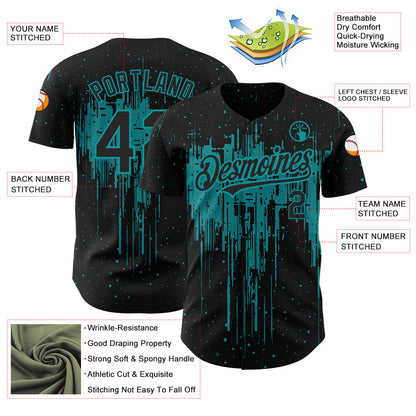 Custom Black Teal 3D Pattern Design Dripping Splatter Art Authentic Baseball Jersey - Sky-Custom