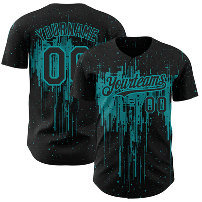 Custom Black Teal 3D Pattern Design Dripping Splatter Art Authentic Baseball Jersey - Sky-Custom