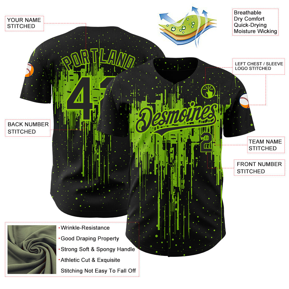 Custom Black Neon Green 3D Pattern Design Dripping Splatter Art Authentic Baseball Jersey - Sky-Custom