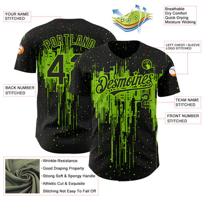 Custom Black Neon Green 3D Pattern Design Dripping Splatter Art Authentic Baseball Jersey - Sky-Custom