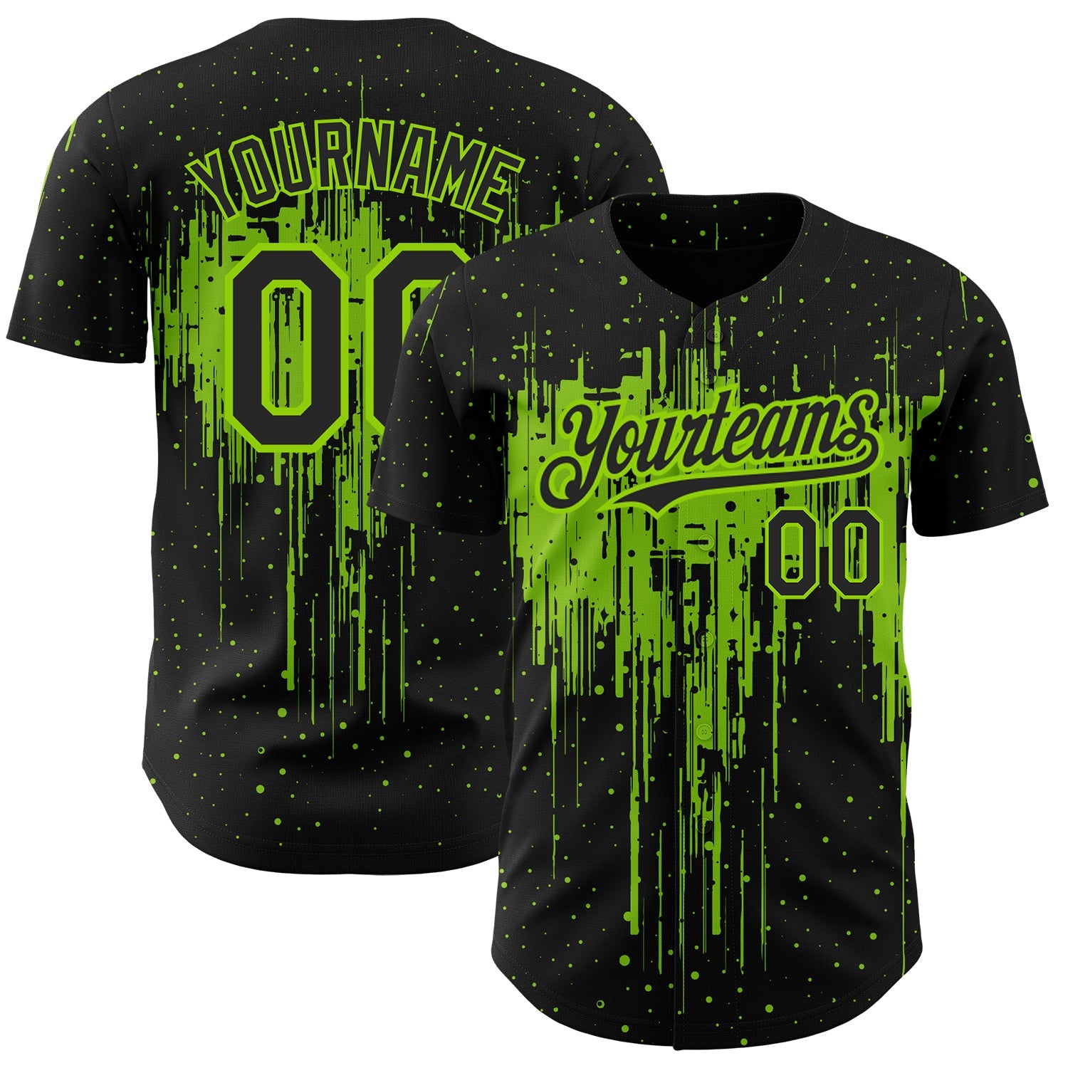 Custom Black Neon Green 3D Pattern Design Dripping Splatter Art Authentic Baseball Jersey - Sky-Custom