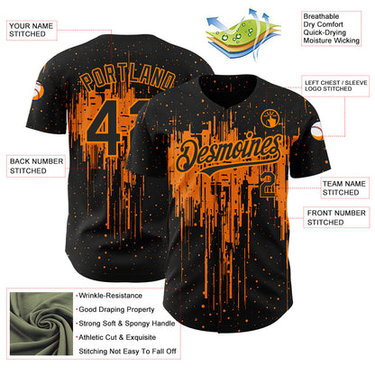 Custom Black Bay Orange 3D Pattern Design Dripping Splatter Art Authentic Baseball Jersey - Sky-Custom