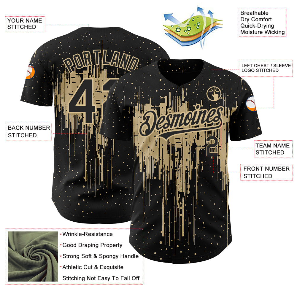 Custom Black Vegas Gold 3D Pattern Design Dripping Splatter Art Authentic Baseball Jersey - Sky-Custom