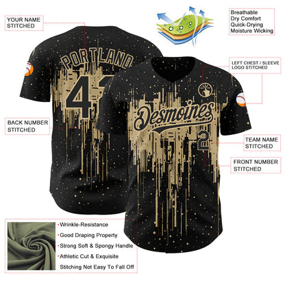 Custom Black Vegas Gold 3D Pattern Design Dripping Splatter Art Authentic Baseball Jersey - Sky-Custom