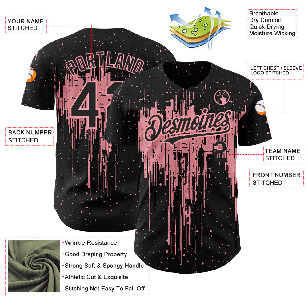 Custom Black Medium Pink 3D Pattern Design Dripping Splatter Art Authentic Baseball Jersey - Sky-Custom
