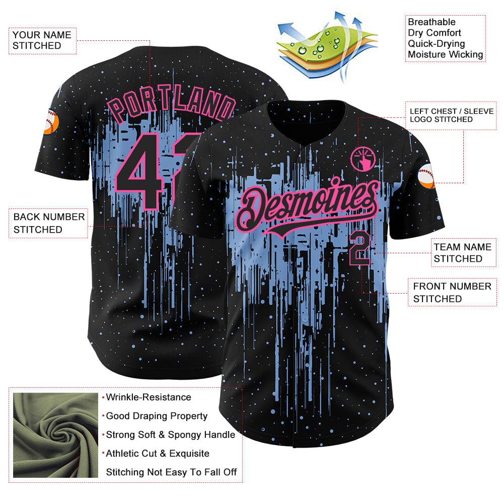 Custom Black Light Blue-Pink 3D Pattern Design Dripping Splatter Art Authentic Baseball Jersey - Sky-Custom