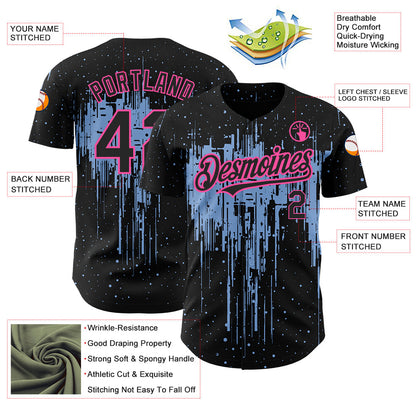 Custom Black Light Blue-Pink 3D Pattern Design Dripping Splatter Art Authentic Baseball Jersey - Sky-Custom