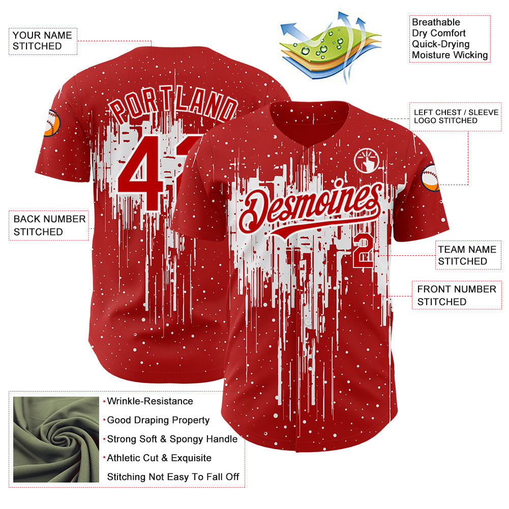Custom Red White 3D Pattern Design Dripping Splatter Art Authentic Baseball Jersey - Sky-Custom