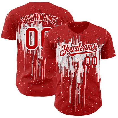 Custom Red White 3D Pattern Design Dripping Splatter Art Authentic Baseball Jersey - Sky-Custom