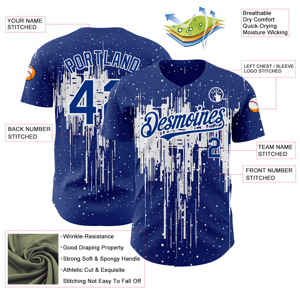 Custom Royal White 3D Pattern Design Dripping Splatter Art Authentic Baseball Jersey - Sky-Custom