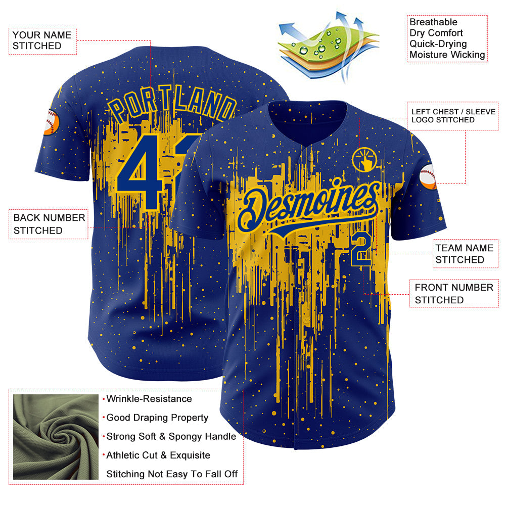 Custom Royal Yellow 3D Pattern Design Dripping Splatter Art Authentic Baseball Jersey - Sky-Custom