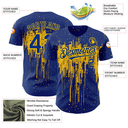Custom Royal Yellow 3D Pattern Design Dripping Splatter Art Authentic Baseball Jersey - Sky-Custom