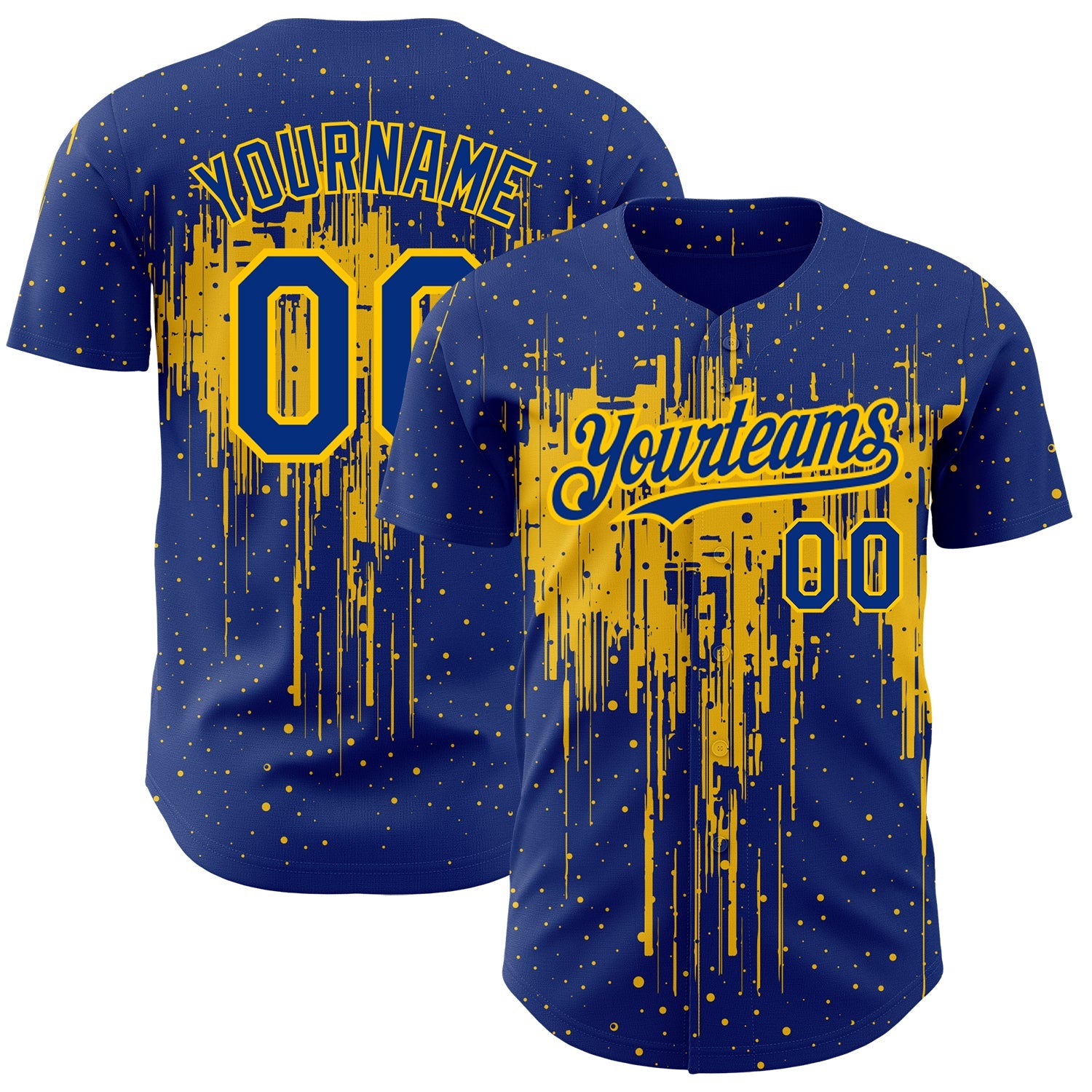 Custom Royal Yellow 3D Pattern Design Dripping Splatter Art Authentic Baseball Jersey - Sky-Custom