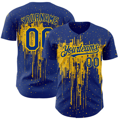 Custom Royal Yellow 3D Pattern Design Dripping Splatter Art Authentic Baseball Jersey - Sky-Custom